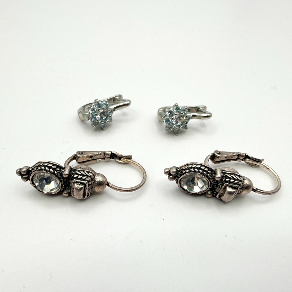 Vintage Silver Tone Leverback Huggie Earrings Lot 2 Pairs Rhinestone 90s